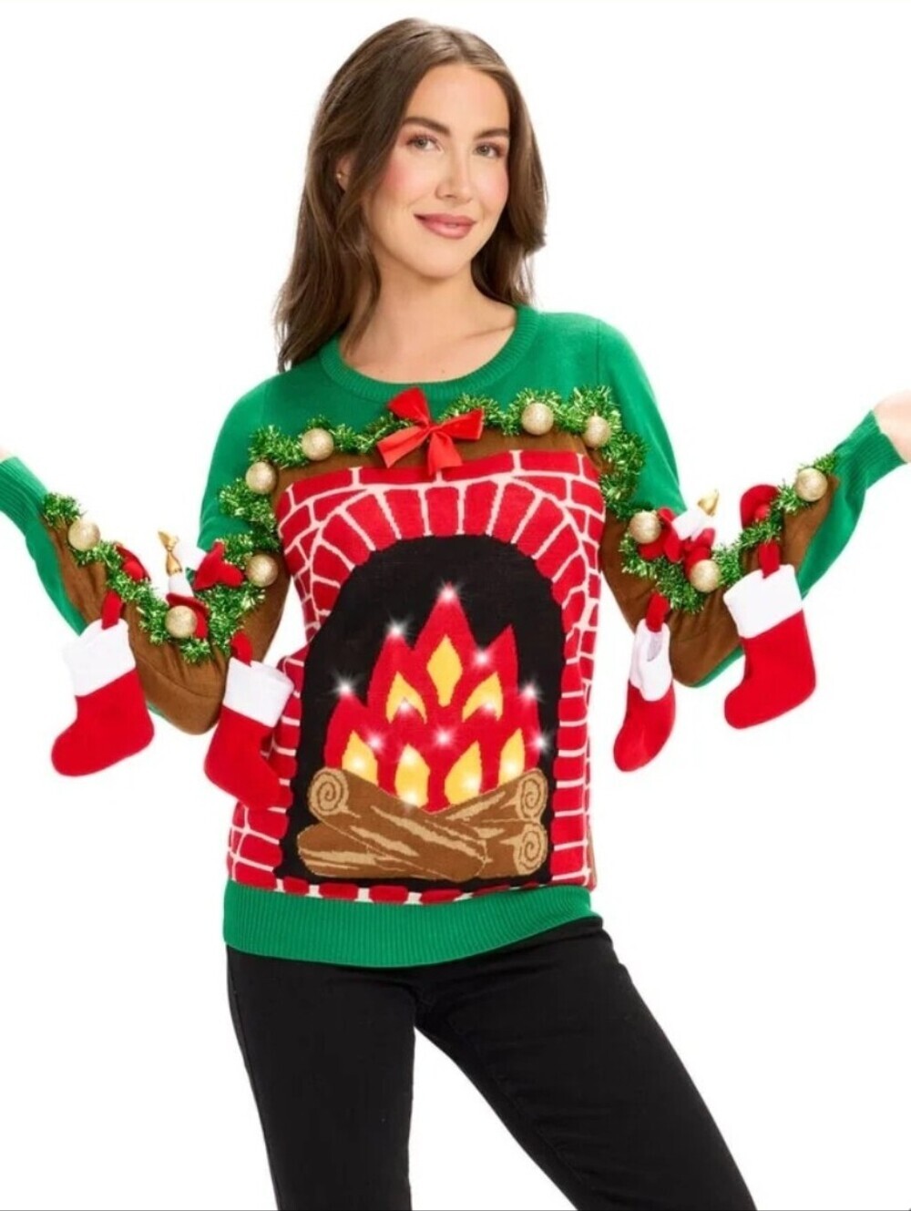 NWT! Tipsy Elves, Women's Festive Fireplace Light-Up Sweater, Green/Red, XS